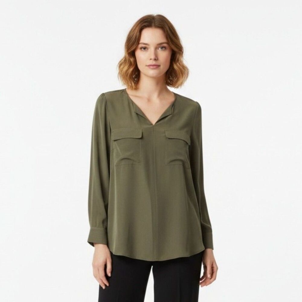 Go Silk 100% Silk Taupe Long Sleeve Blouse Top M